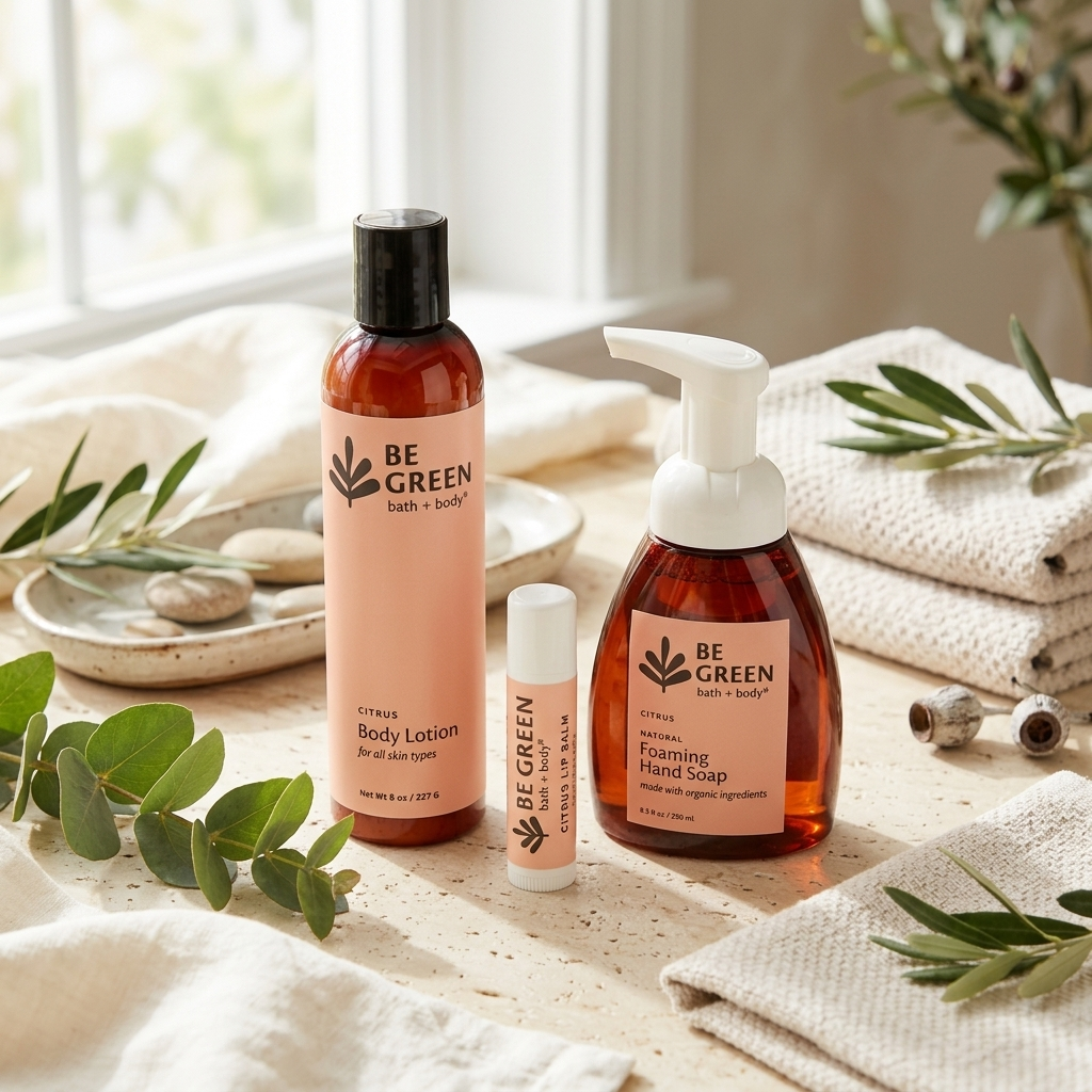 Three BE GREEN body care products arranged on a light stone surface with folded cream towels and greenery: a tall amber bottle of body lotion, a bottle of hand wash, and a lip balm tube. The products have peach labels and dark caps.
