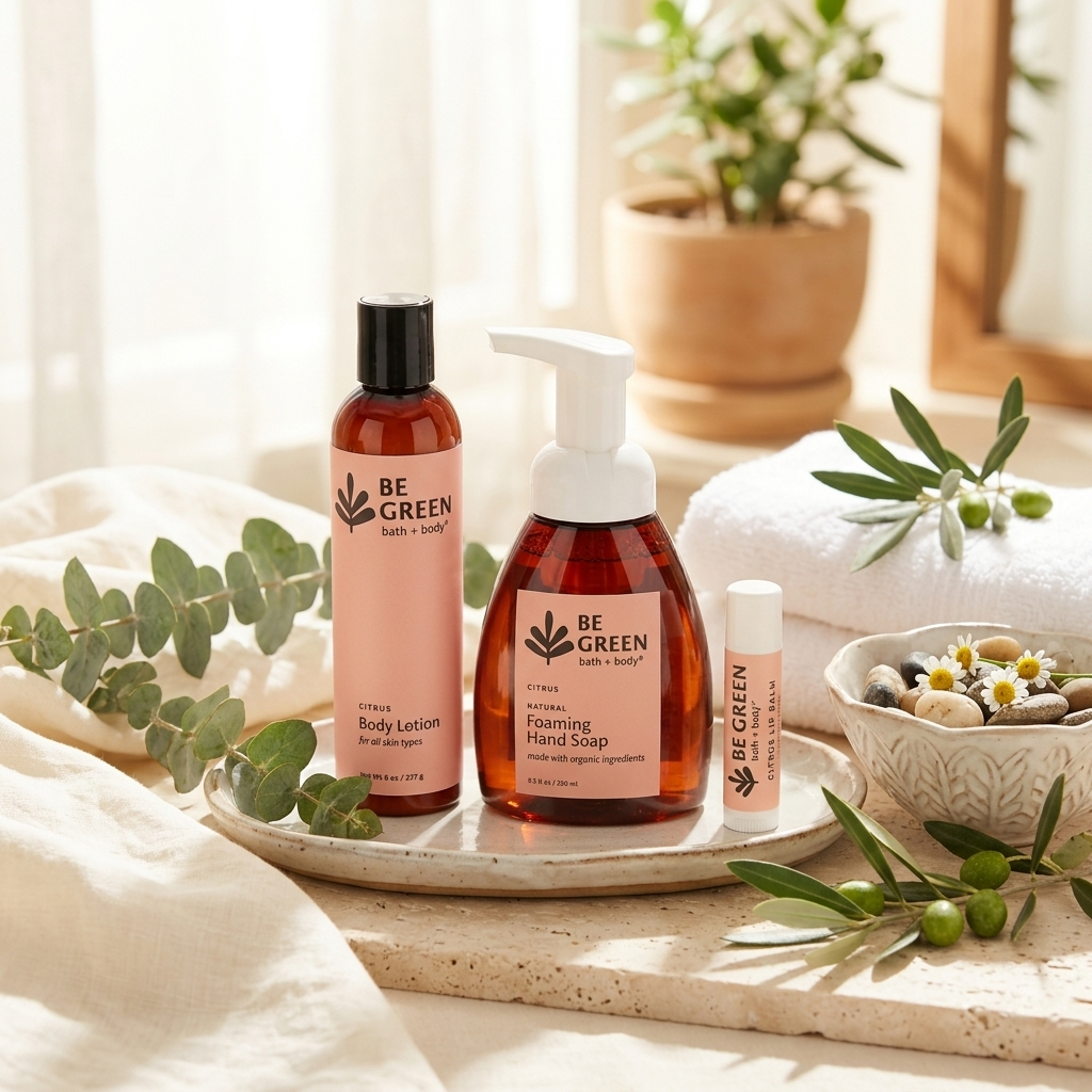 Three BE GREEN skincare products arranged on a tray in a bright, spa-like setting: a body lotion bottle, a foaming hand soap pump bottle, and a lip balm tube. The products have peach labels and amber bottles, surrounded by eucalyptus leaves, white towels, and a small bowl of flowers.