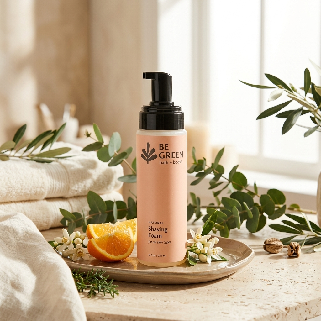 A bottle of BE GREEN natural shaving foam stands on a tray on a stone surface, surrounded by green leaves, white flowers, an orange slice, and folded cream towels in a bright, softly lit setting.