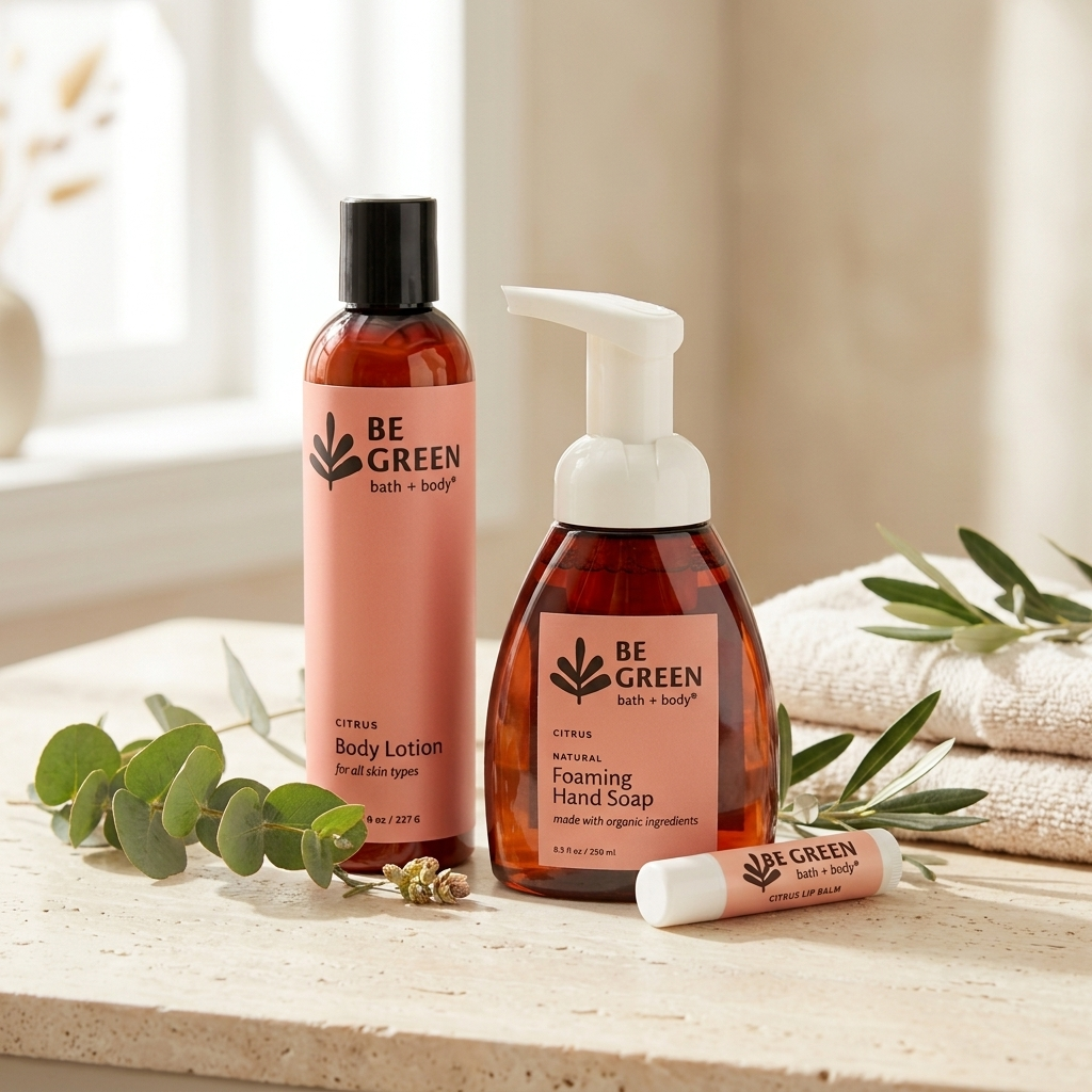 BE GREEN bath + body set with citrus scent, including a body lotion bottle, a foam hand soap dispenser, and a lip balm tube, arranged on a stone surface with eucalyptus leaves and a towel in a softly lit bathroom setting.