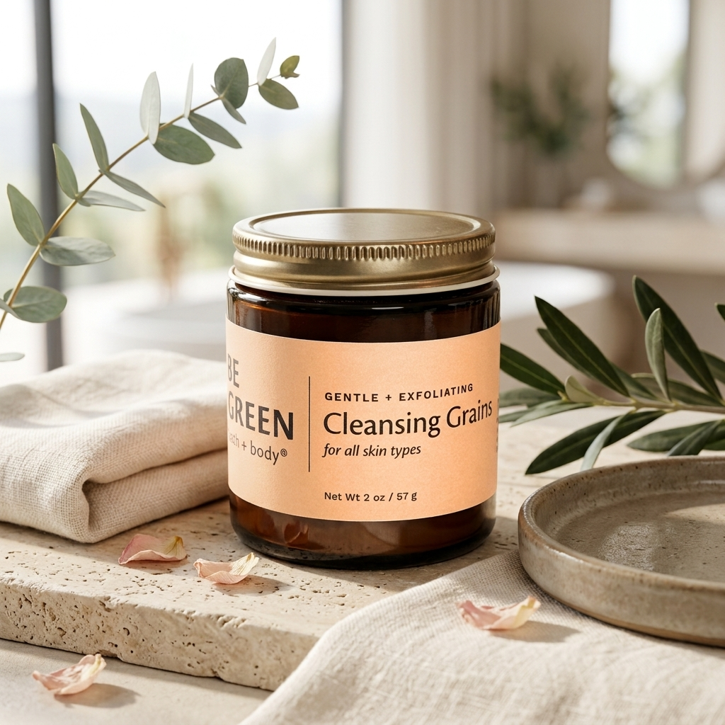 A glass jar of Green Body Cleansing Grains on a stone surface with a folded beige towel, green leaves, and a small plate in a softly lit indoor setting.