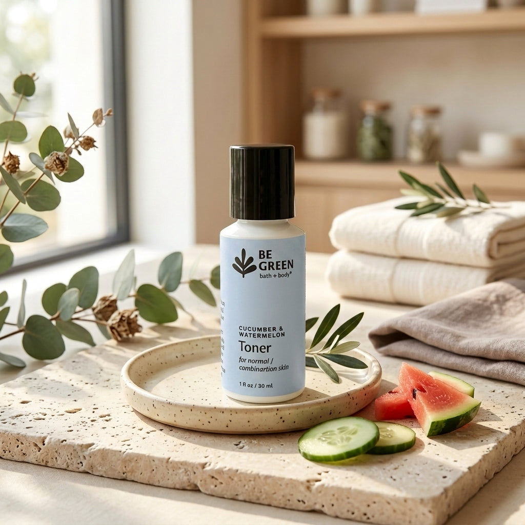 A bottle of BE GREEN Toner, Cucumber & Watermelon, displayed on a stone tray with cucumber slices and watermelon wedges, surrounded by folded towels, eucalyptus branches, and a warm, sunlit interior background.