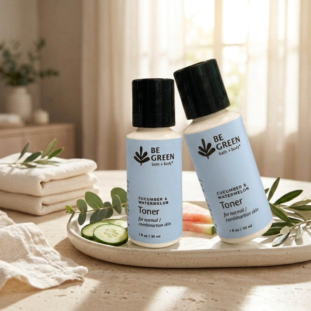 Two bottles of BE GREEN Cucumber & Watermelon Toner displayed on a ceramic tray with cucumber slices, green leaves, and folded white towels in a bright, spa-like setting.