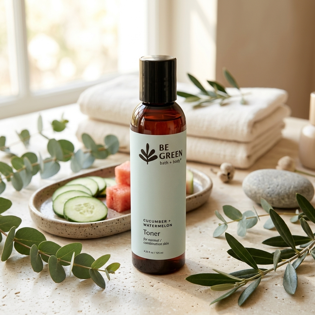 A bottle of BE GREEN Cucumber & Watermelon Toner stands on a stone surface surrounded by eucalyptus leaves, cucumber slices, watermelon cubes, folded white towels, and a stone in a bright, softly lit setting.