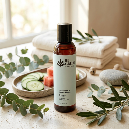 A bottle of BE GREEN Cucumber & Watermelon Toner stands on a stone surface surrounded by eucalyptus leaves, cucumber slices, watermelon cubes, folded white towels, and a stone in a bright, softly lit setting.
