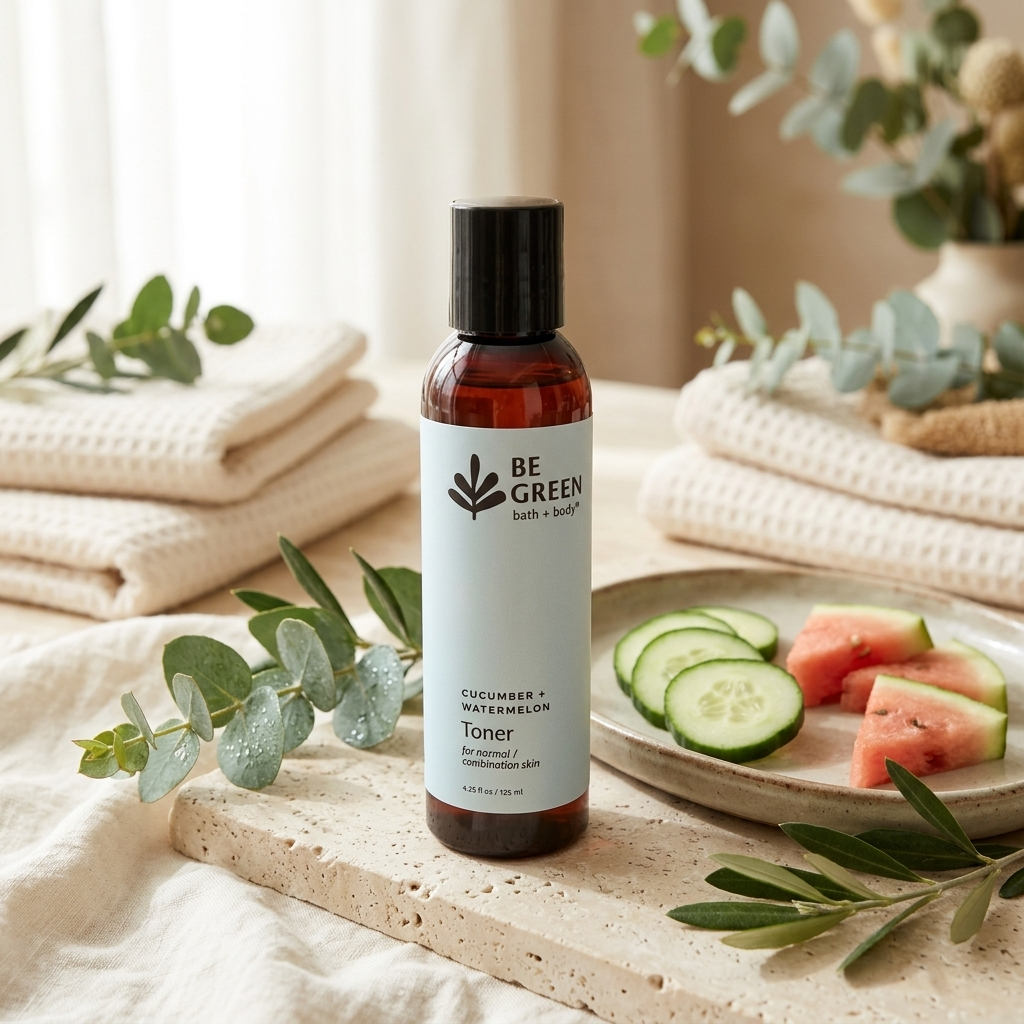 A bottle of BE GREEN body + skin Toner, cucumber + watermelon, standing on a stone tray surrounded by folded cream towels, eucalyptus leaves, and a plate with cucumber and watermelon slices.