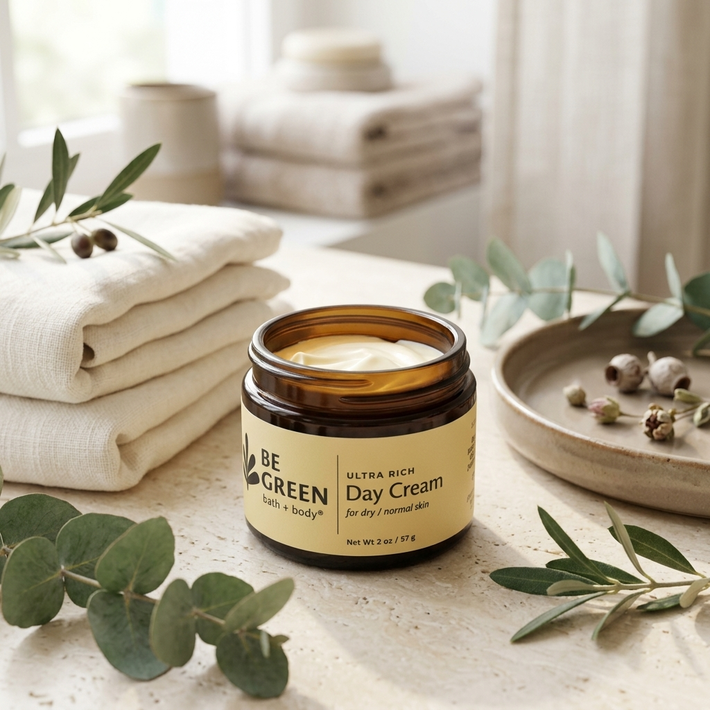 An open amber glass jar of Be Green Ultra Rich Day Cream sits on a light stone surface, surrounded by folded cream towels, eucalyptus leaves, and a small ceramic dish in a softly lit indoor setting.