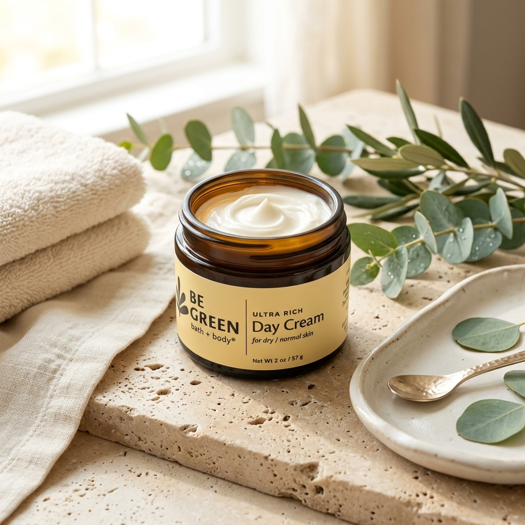 An open amber glass jar of BE GREEN Day Cream sits on a stone slab with folded beige towels, eucalyptus leaves, and a small spoon on a ceramic dish.