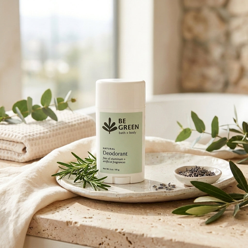 A deodorant stick bottle sits on a stone tray with herbs and a small dish of lavender, styled on a beige towel near a window.