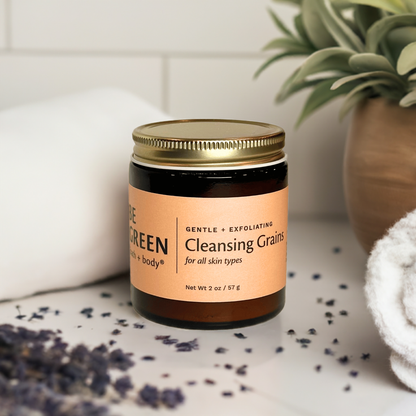 Glass Jar of gentle powder cleanser on a counter