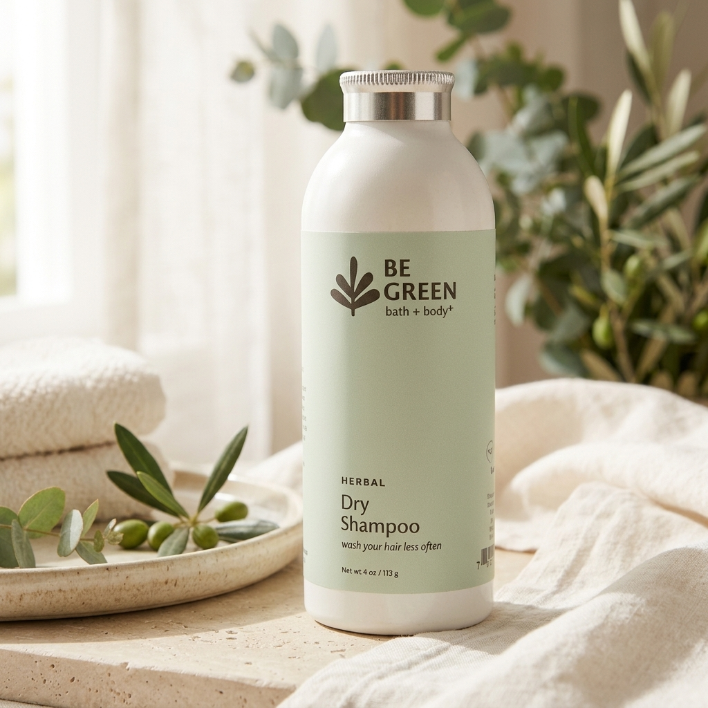 A bottle of BE GREEN Herbal Dry Shampoo stands on a light stone surface with soft beige fabric and greenery in the background.