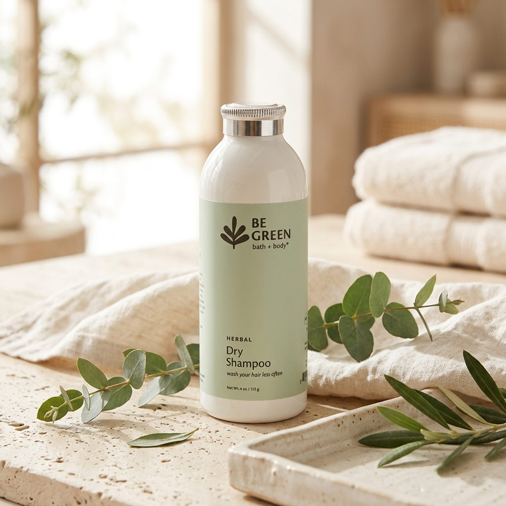 A bottle of Be Green Herbal Dry Shampoo stands on a stone surface with folded white towels and green eucalyptus branches in a softly lit bathroom-like setting.
