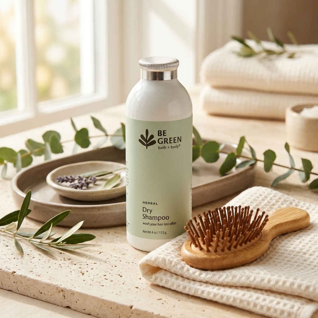 Bottle of Benzene-free Dry Shampoo with a mini bamboo hair brush