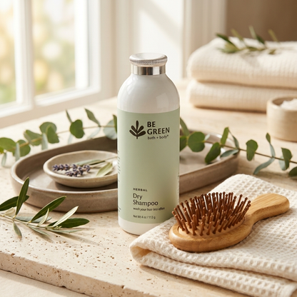 Bottle of Benzene-free Dry Shampoo with a mini bamboo hair brush