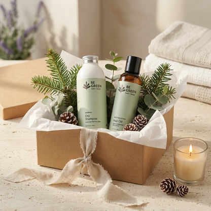 A gift set of two BE GREEN hair care products, Dry Shampoo and Conditioning Hair Oil, arranged in a brown kraft gift box with white tissue paper, evergreen branches, eucalyptus leaves, and pinecones. A lit candle and folded linen towels are visible in the background.
