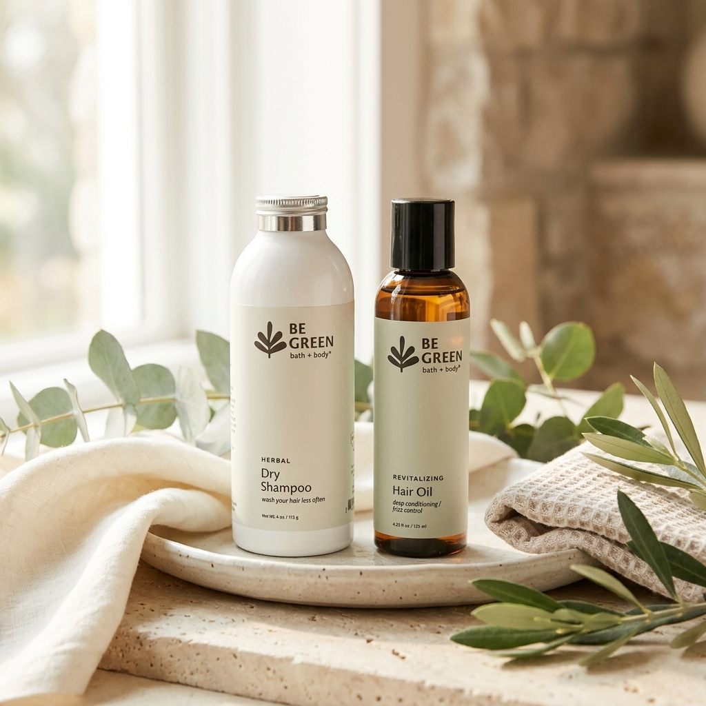 Two BE GREEN hair care bottles, Herbal Dry Shampoo and Rehydrating Hair Oil, displayed on a stone tray with a white towel and green leaves in a bright, natural setting.