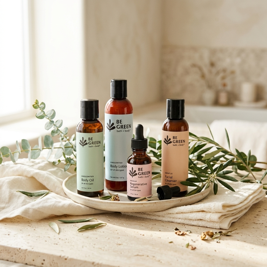 Four BE GREEN skin care products arranged on a round tray with eucalyptus branches and a folded cream cloth. The set includes two body oils, a small dropper bottle, and a facial cleanser, photographed in a bright, softly styled bathroom-like setting.