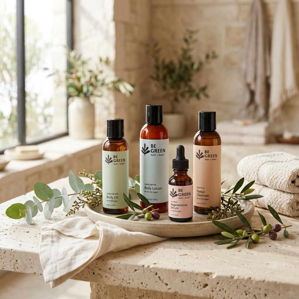 Four BE GREEN skincare and body care bottles arranged on a stone tray with eucalyptus leaves, set on a warm beige countertop in a softly lit spa-like interior.