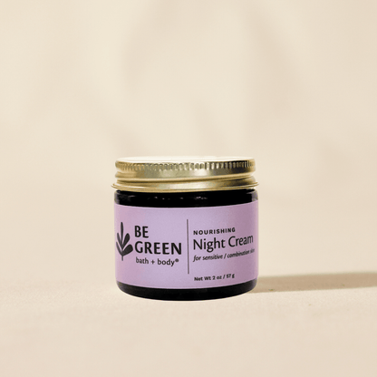 EWG Verified Non toxic night cream for sensitive skin in an eco-friendly amber glass jar with metal lid