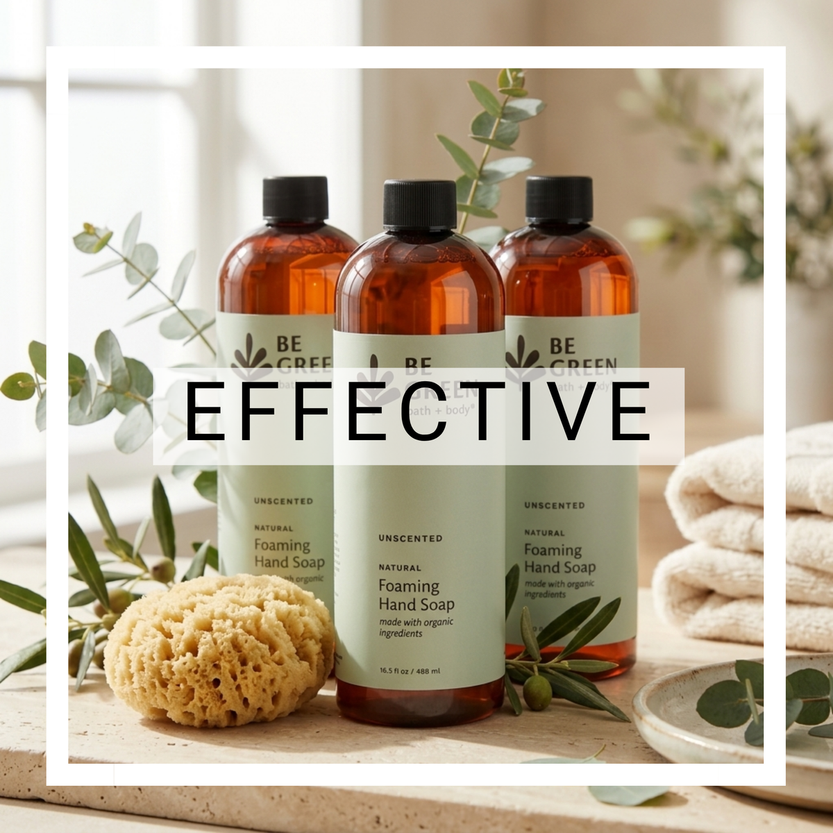 Three 16 oz soap refills with headline "effective"