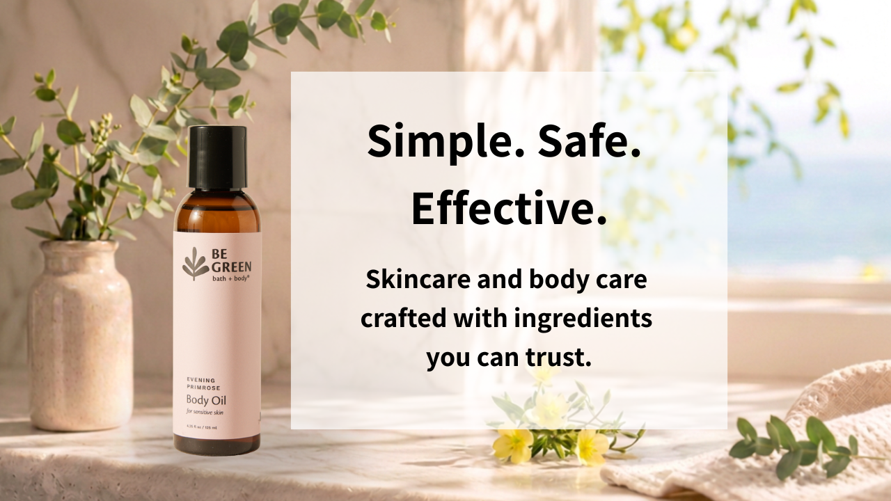 Bottle of Be Green Bath and Body body on a stone surface with natural elements and text about skincare and body care.