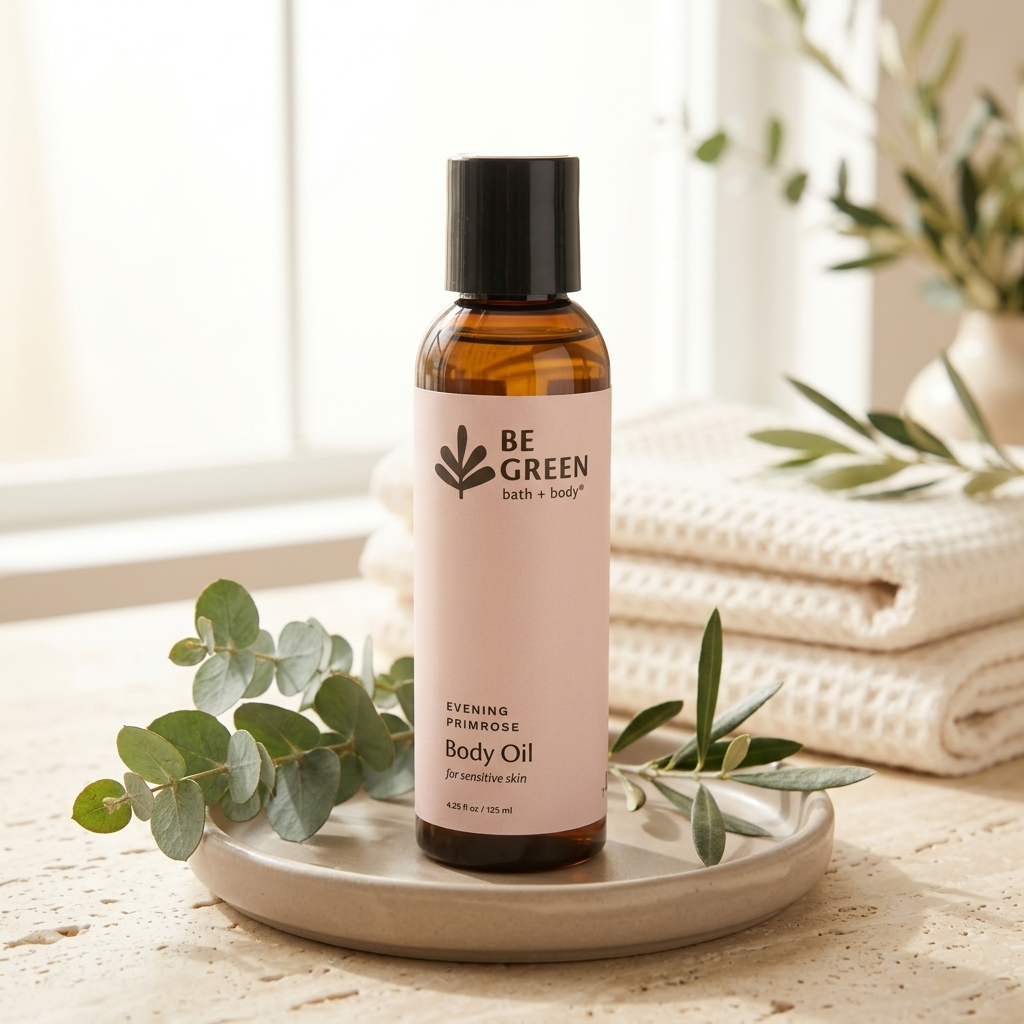 A bottle of BE GREEN bath + body Evening Primrose Body Oil stands on a small round tray, surrounded by eucalyptus leaves and a folded cream towel in a bright, softly lit setting.