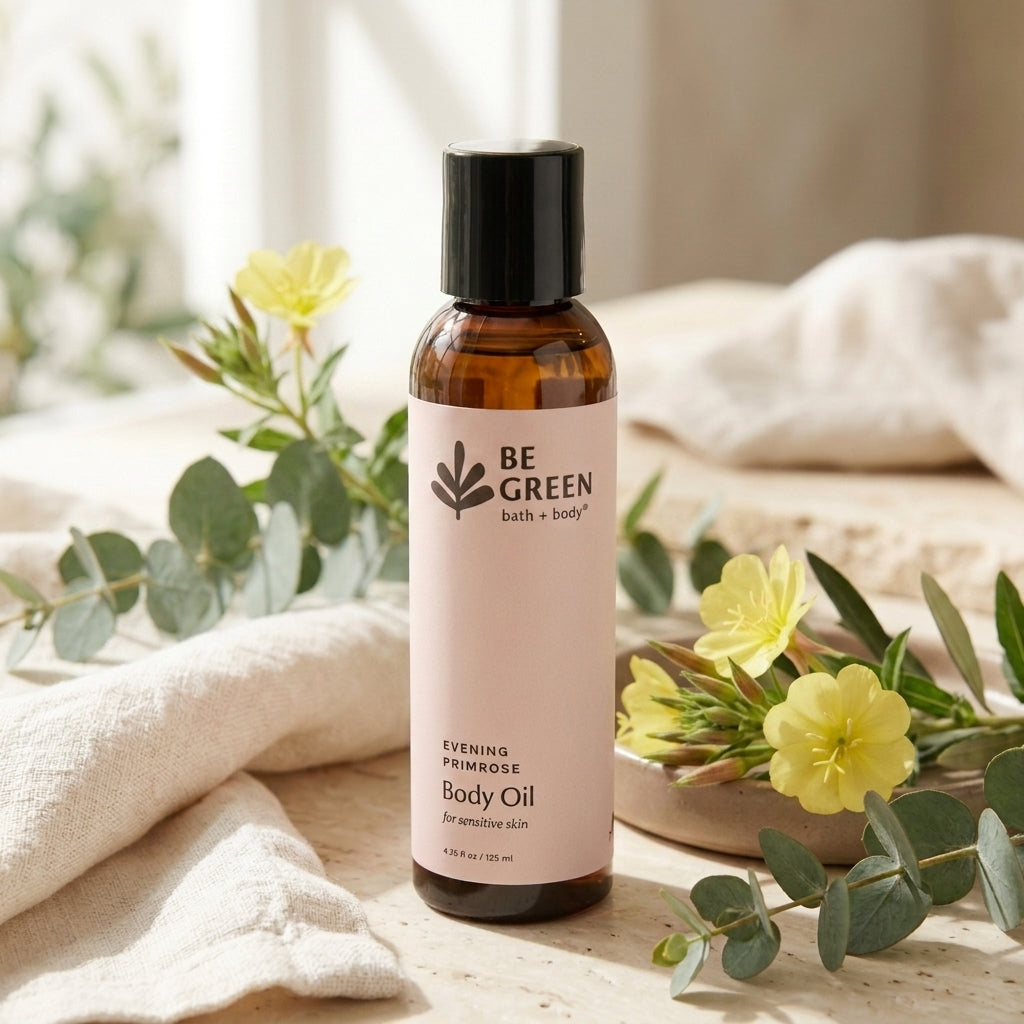 A bottle of BE GREEN bath + body Evening Primrose Body Oil stands on a light wooden surface surrounded by soft beige fabric, green eucalyptus leaves, and small yellow flowers.