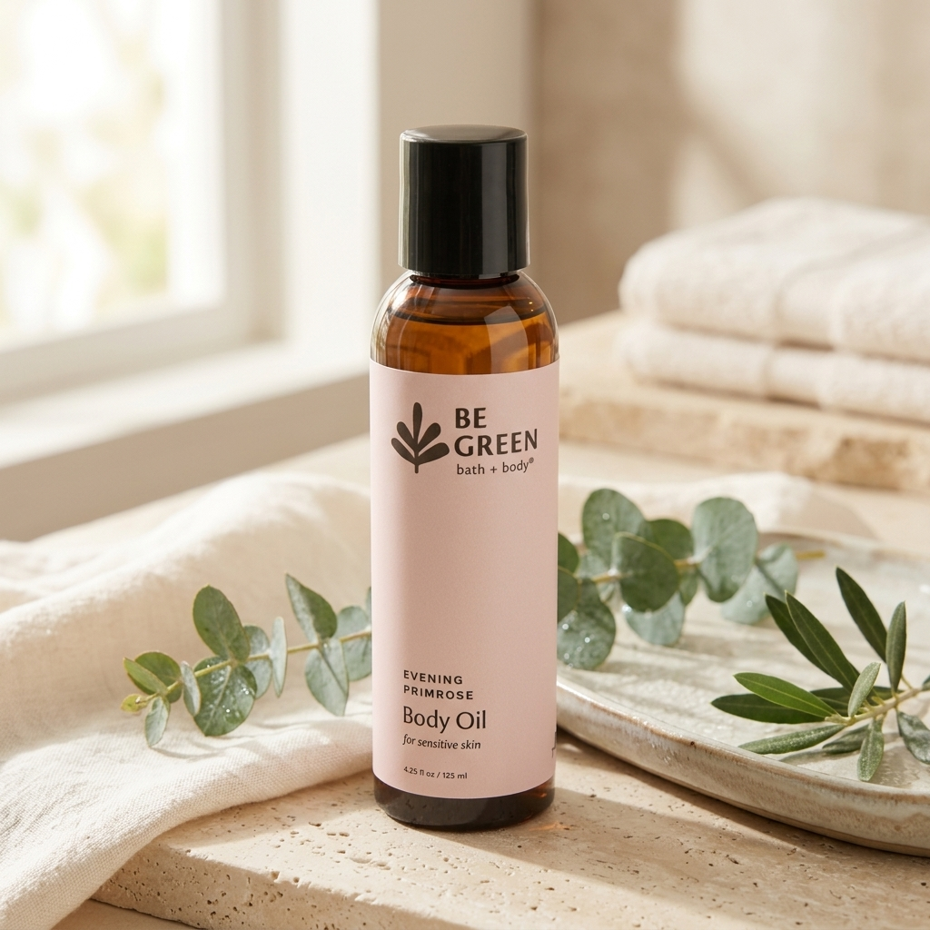 A bottle of BE GREEN bath and body Evening Primrose Body Oil stands on a stone surface with folded cream towels, eucalyptus leaves, and a soft window background. The bottle is amber glass with a black cap and a pale blush pink label.