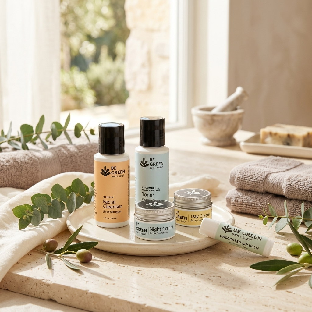 Four BE GREEN skincare products arranged on a white ceramic tray with a towel, olive branches, and a softly lit bathroom-like setting in the background.