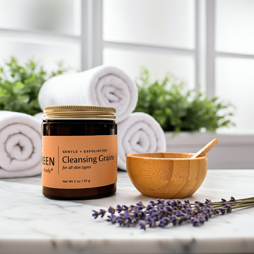Jar of cleansing grains with a wooden bowl and lavender on a marble surface.