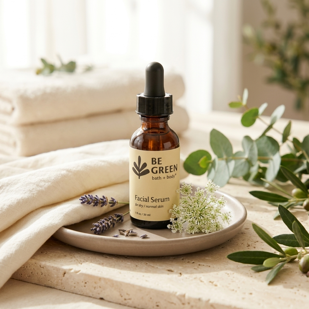 Facial oil serum for dry/mature skin on a tan tray surrounded by towels.