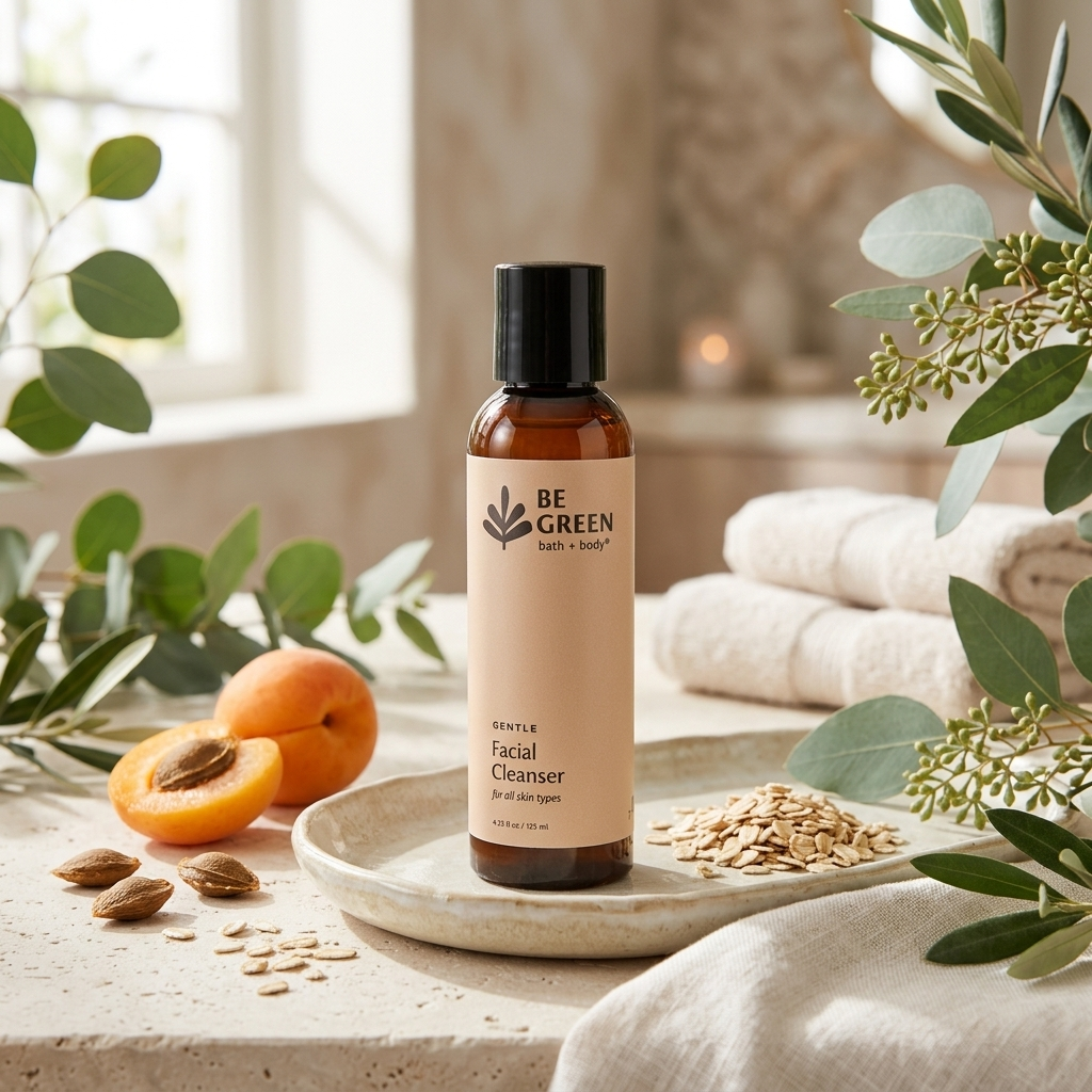 A bottle of BE GREEN Gentle Facial Cleanser stands on a stone tray, surrounded by natural props including apricots, oats, almonds, and eucalyptus leaves in a bright, warm bathroom-like setting with folded towels in the background.