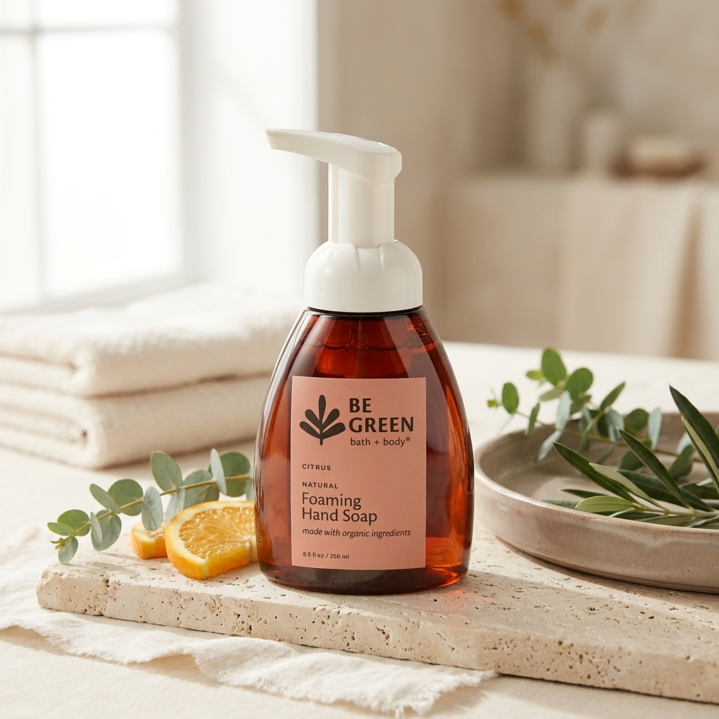 A bottle of BE GREEN bath & body Natural Foaming Hand Soap in citrus scent, placed on a stone tray with eucalyptus leaves and orange slices, set against a warm, softly blurred bathroom background.