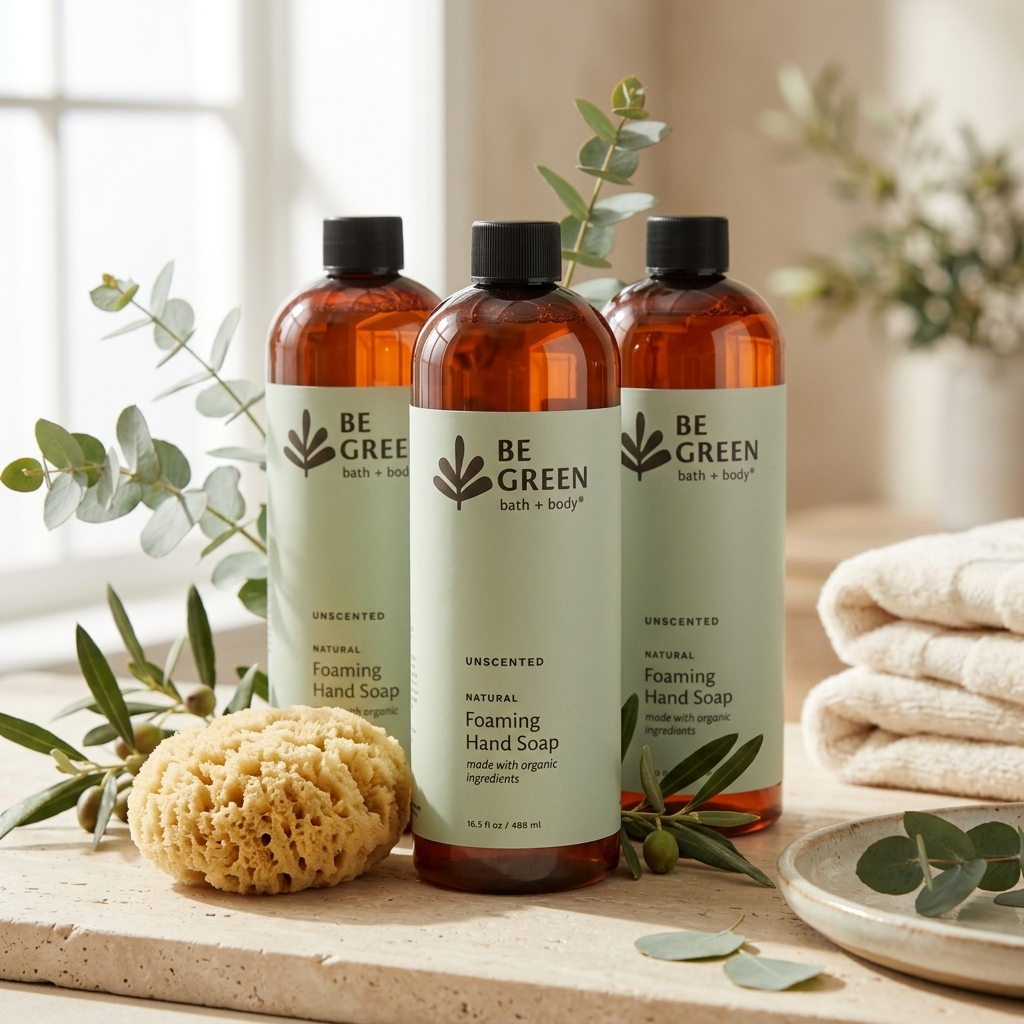 Three amber bottles of BE GREEN Unscented Natural Foaming Hand Soap arranged on a stone surface with eucalyptus branches, a yellow sponge, and folded white towels in a bright bathroom-like setting.