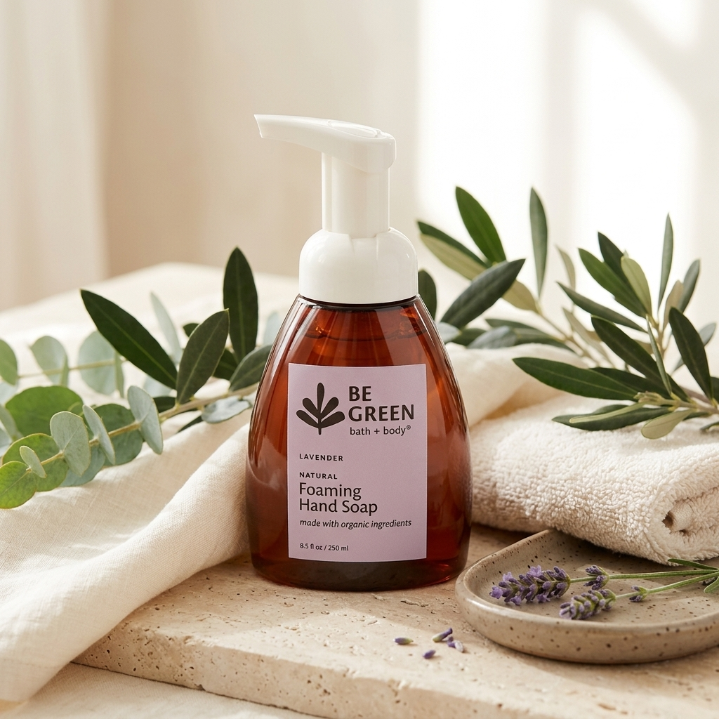 A bottle of BE GREEN Lavender Natural Foaming Hand Soap sits on a beige stone slab surrounded by white linen, olive branches, and lavender sprigs.