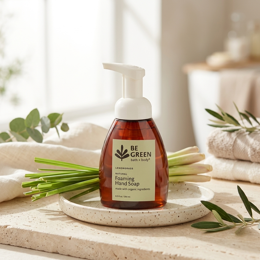A bottle of BE GREEN Lemongrass Foaming Hand Soap sits on a speckled ceramic tray, styled with green onions, olive leaves, and folded towels in a bright, natural bathroom setting.