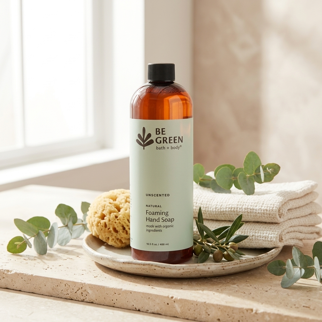 A bottle of BE GREEN Unscented Foaming Hand Soap stands on a ceramic tray on a stone surface, styled with a sponge, folded white towels, and eucalyptus leaves in a bright bathroom-like setting.