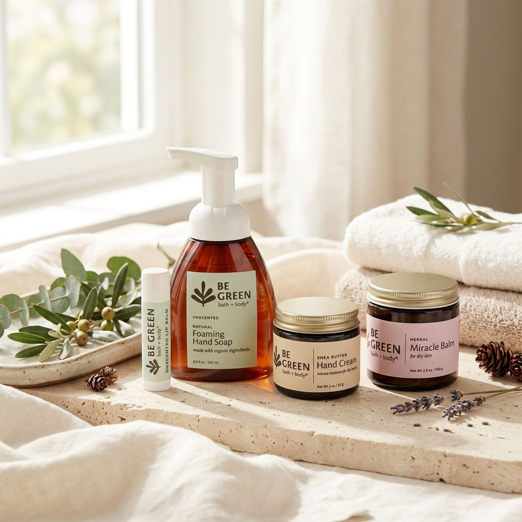 A curated collection of BE GREEN skincare products arranged on a stone slab with folded white towels, greenery, and lavender sprigs in a bright, softly lit bathroom-like setting. The products include a large amber pump bottle of foaming hand soap, a white tube of lip balm, a small jar of hand cream, and a jar of miracle bath.