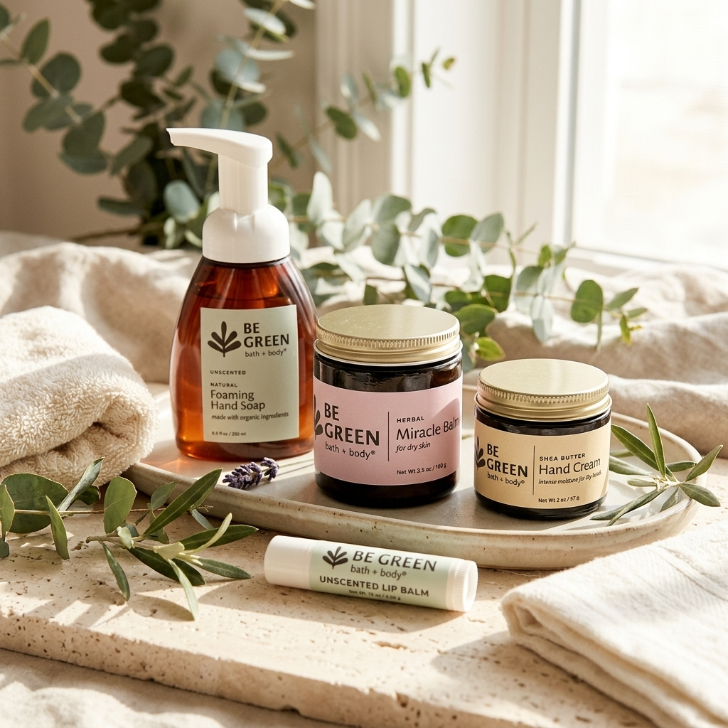 A set of BE GREEN skincare products arranged on a tray with folded beige towels and eucalyptus leaves. The set includes a pump bottle of Hand Soap, two jars of cream (Miracle Balm and Hand Cream), and a tube of Unscented Lip Balm.