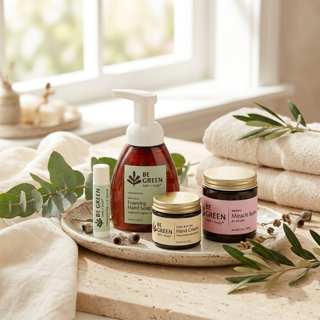 A set of BE GREEN natural body care products arranged on a stone tray with folded white towels, eucalyptus leaves, and a softly lit bathroom-like setting in the background. The products include a large amber pump bottle of foaming hand soap, a small white tube of lip balm, a small amber jar of hand cream, and a dark jar of miracle balm.