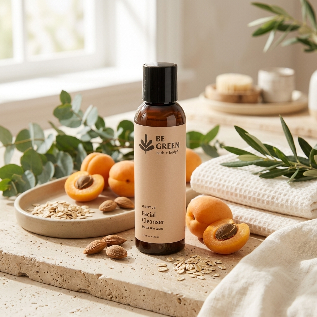 A bottle of BE GREEN facial cleanser stands on a stone surface in a softly styled bathroom-like setting with apricots, oats, leaves, and a folded towel. The product bottle is amber glass with a black cap and a cream label.