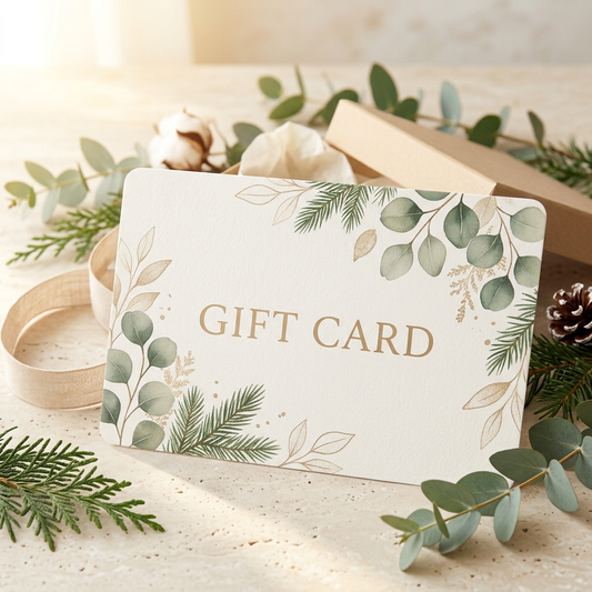A square gift card with a white background, decorated with green eucalyptus leaves and pine branches, and the words 'GIFT CARD' in gold. The card is styled on a light beige surface with eucalyptus sprigs, a kraft ribbon, a kraft box, and a cotton boll.
