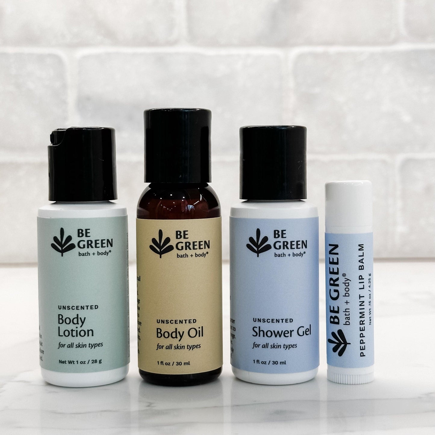 Organic trial size body products gift set with lip balm