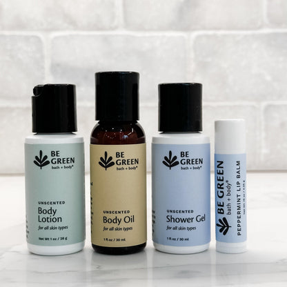 Organic trial size body products gift set with lip balm