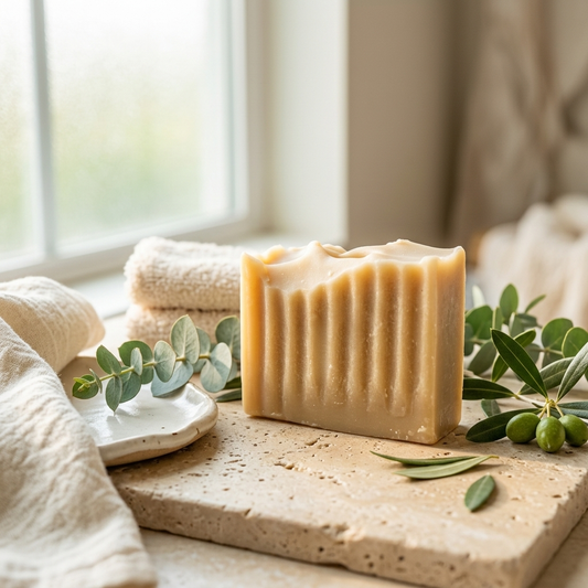 A rectangular bar of pale beige handmade soap with vertical ridges, styled on a stone slab with eucalyptus leaves and a small dish, in front of a softly blurred window and neutral interior background.