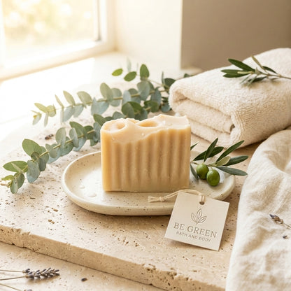 A bar of goat milk soap on a light stone with eucalpytus and ivory towels.