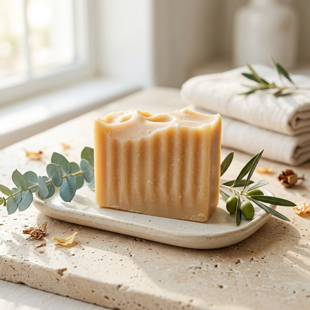 A rectangular bar of creamy beige soap with vertical ridges sits on a small speckled ceramic dish, styled with eucalyptus and olive branches on a stone surface near a bright window.