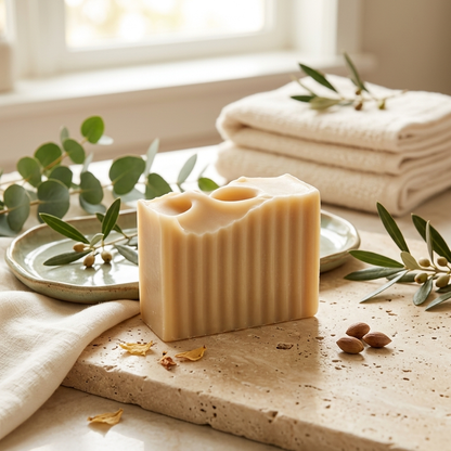A handmade rectangular bar soap with two circular indentations on top, styled on a stone slab with eucalyptus leaves, almonds, folded cotton towels, and a ceramic dish in a warm, sunlit setting.