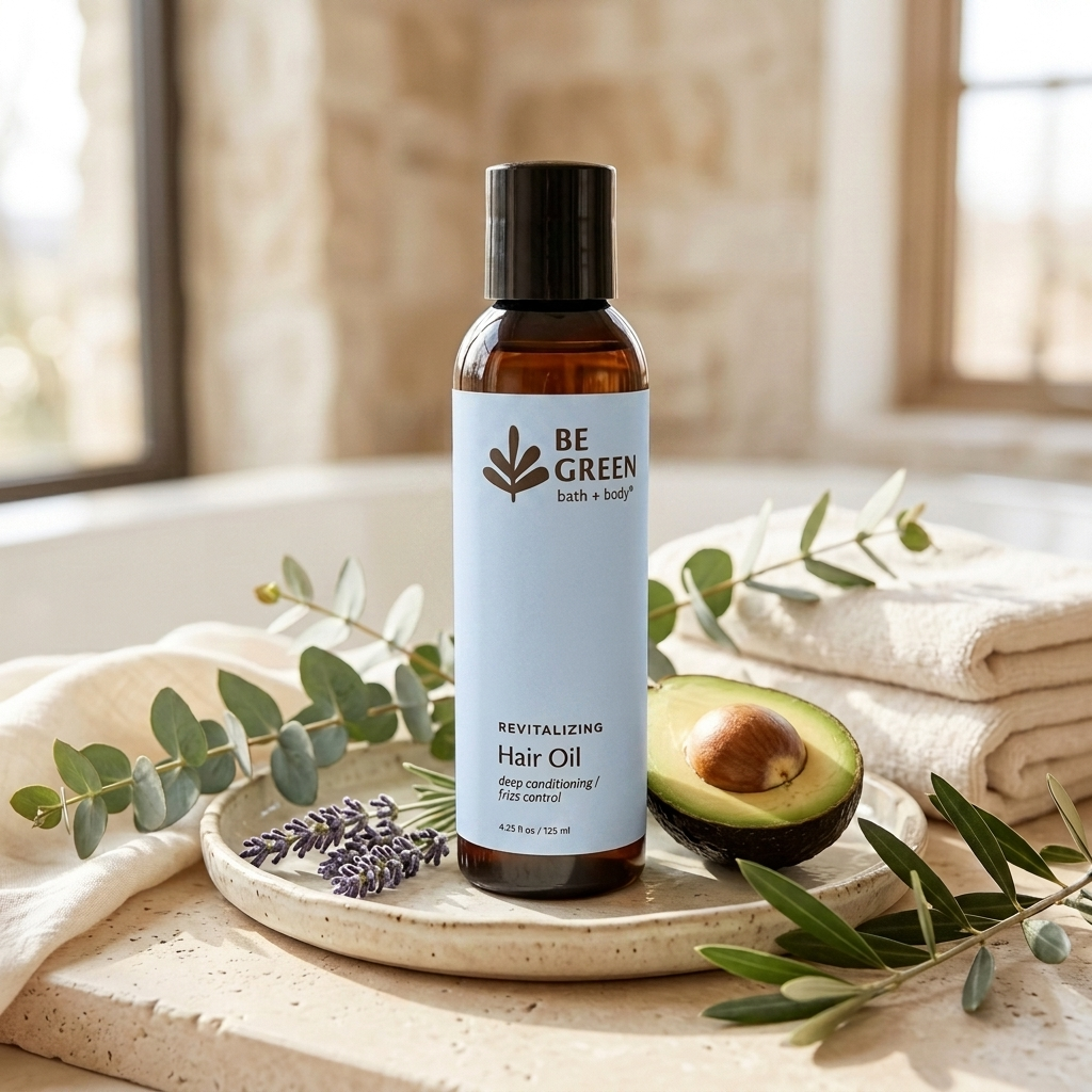 Bottle of Be Green Hair Oil surrounded by avocado and lavender on a light stone.