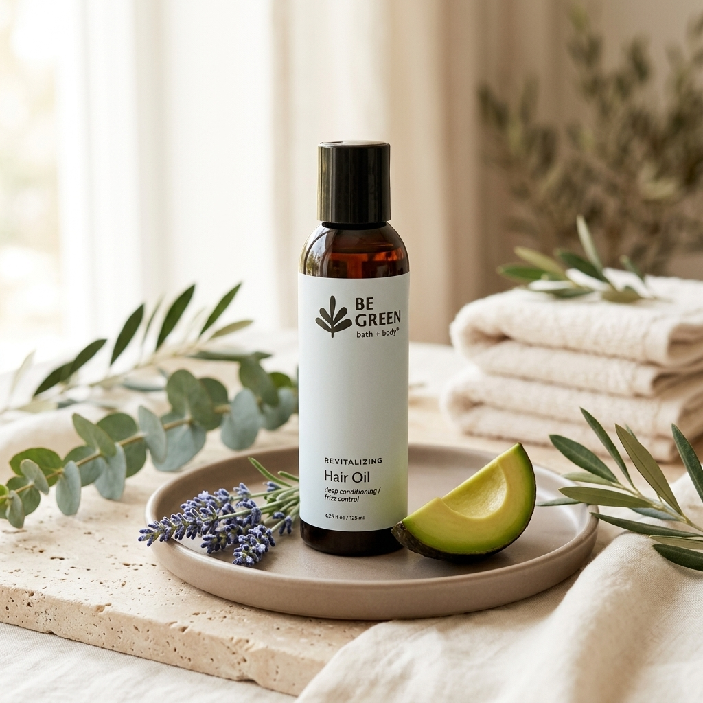 A bottle of BE GREEN nourishing hair oil stands on a beige tray, styled with eucalyptus leaves, lavender sprigs, an avocado slice, and folded cream towels in a soft, natural setting.